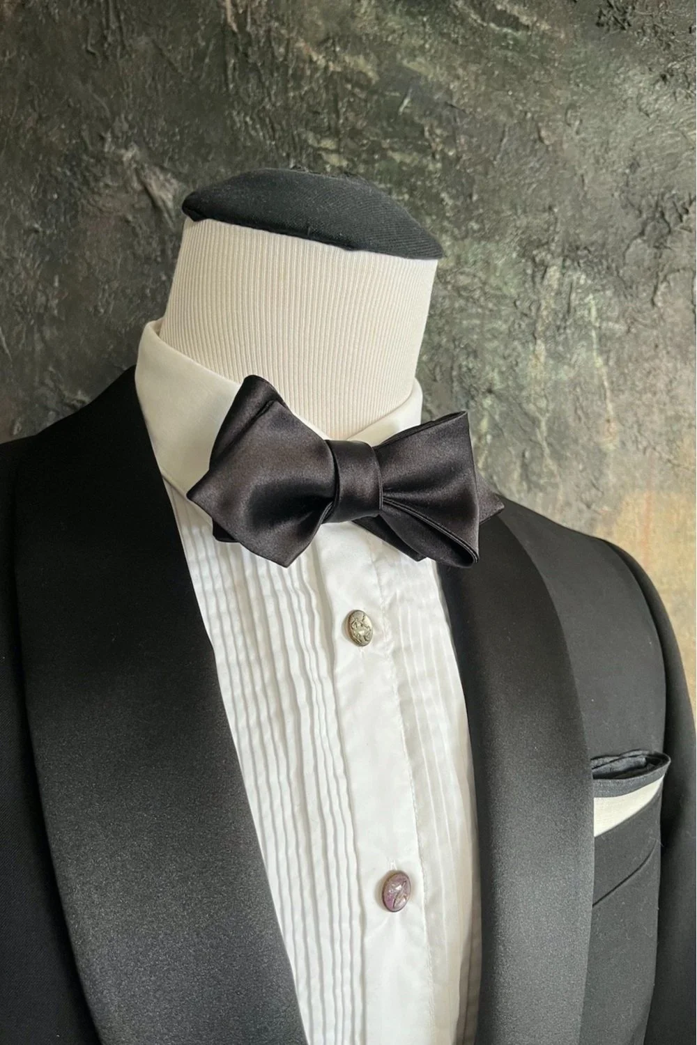 Classic, diamond shape, pre-tied, black silk bow tie.