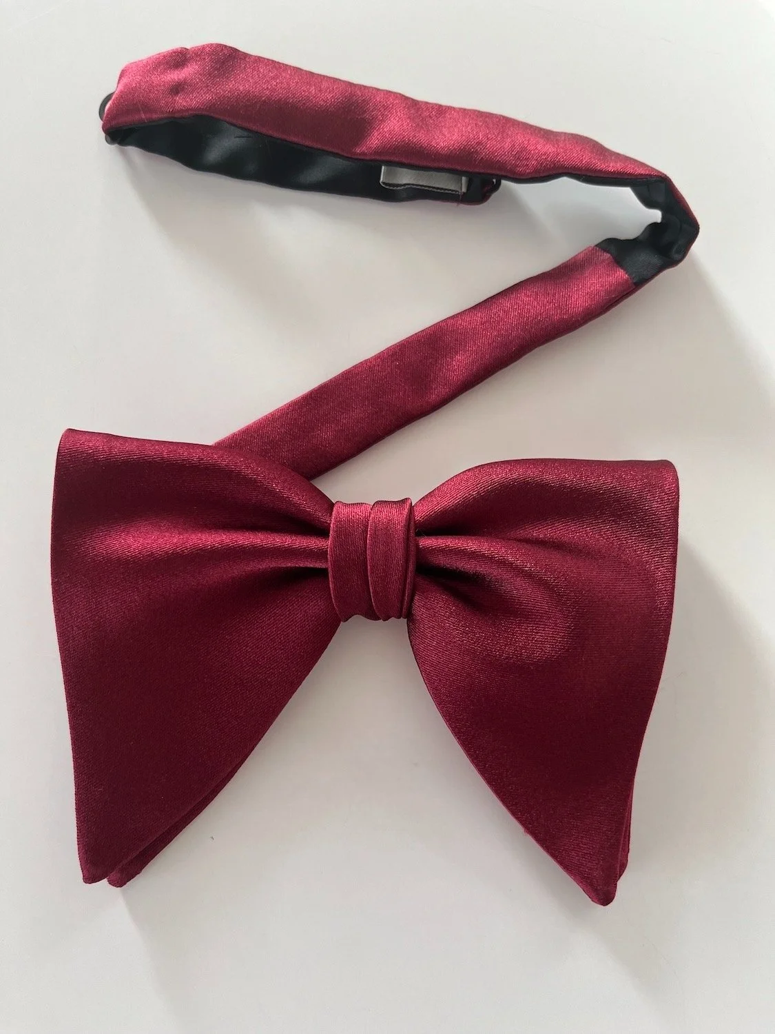 Large burgundy satin silk butterfly bow tie, pre-tied