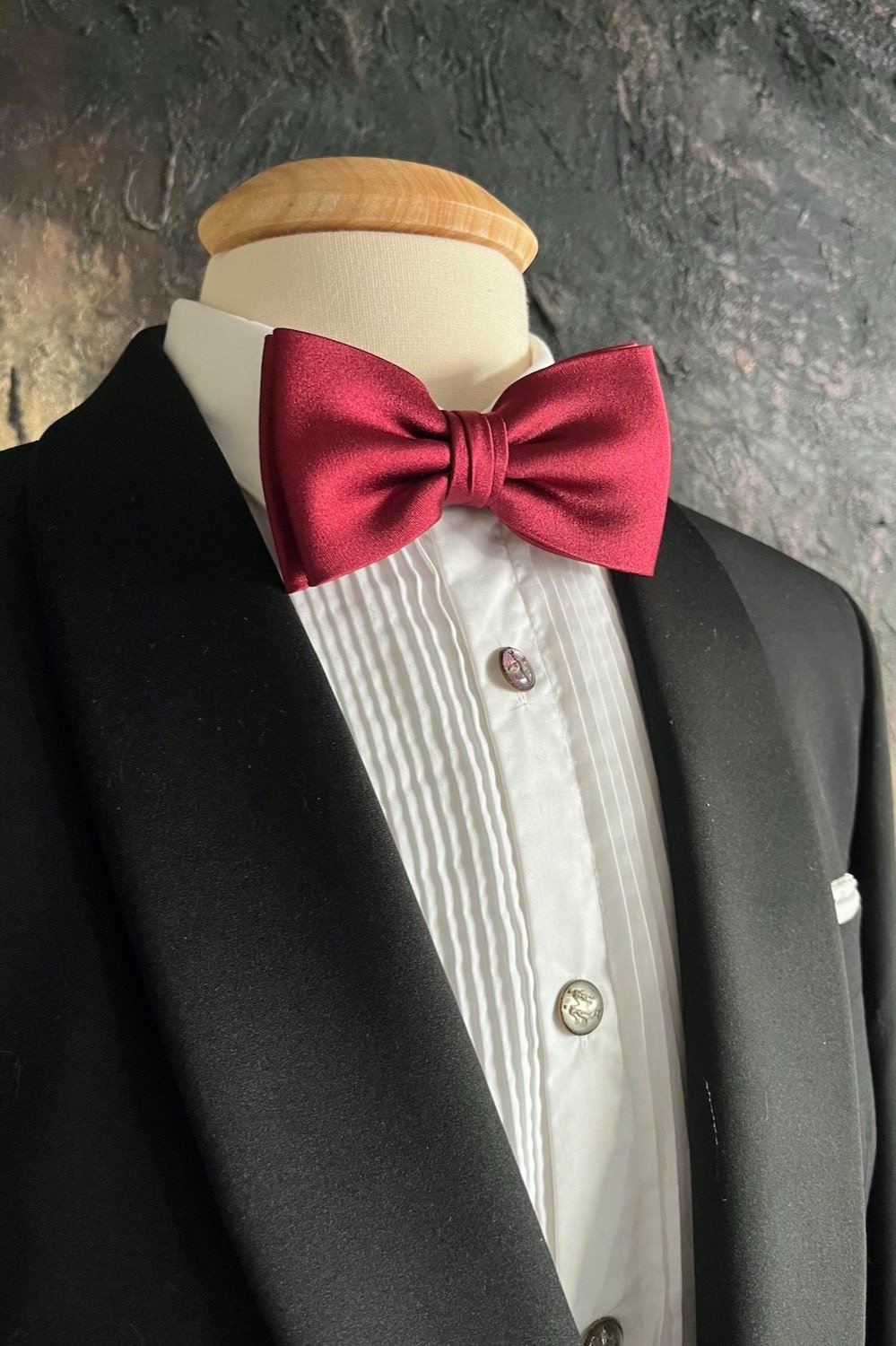 Burgundy, silk satin, butterfly, bow tie, pre-tied