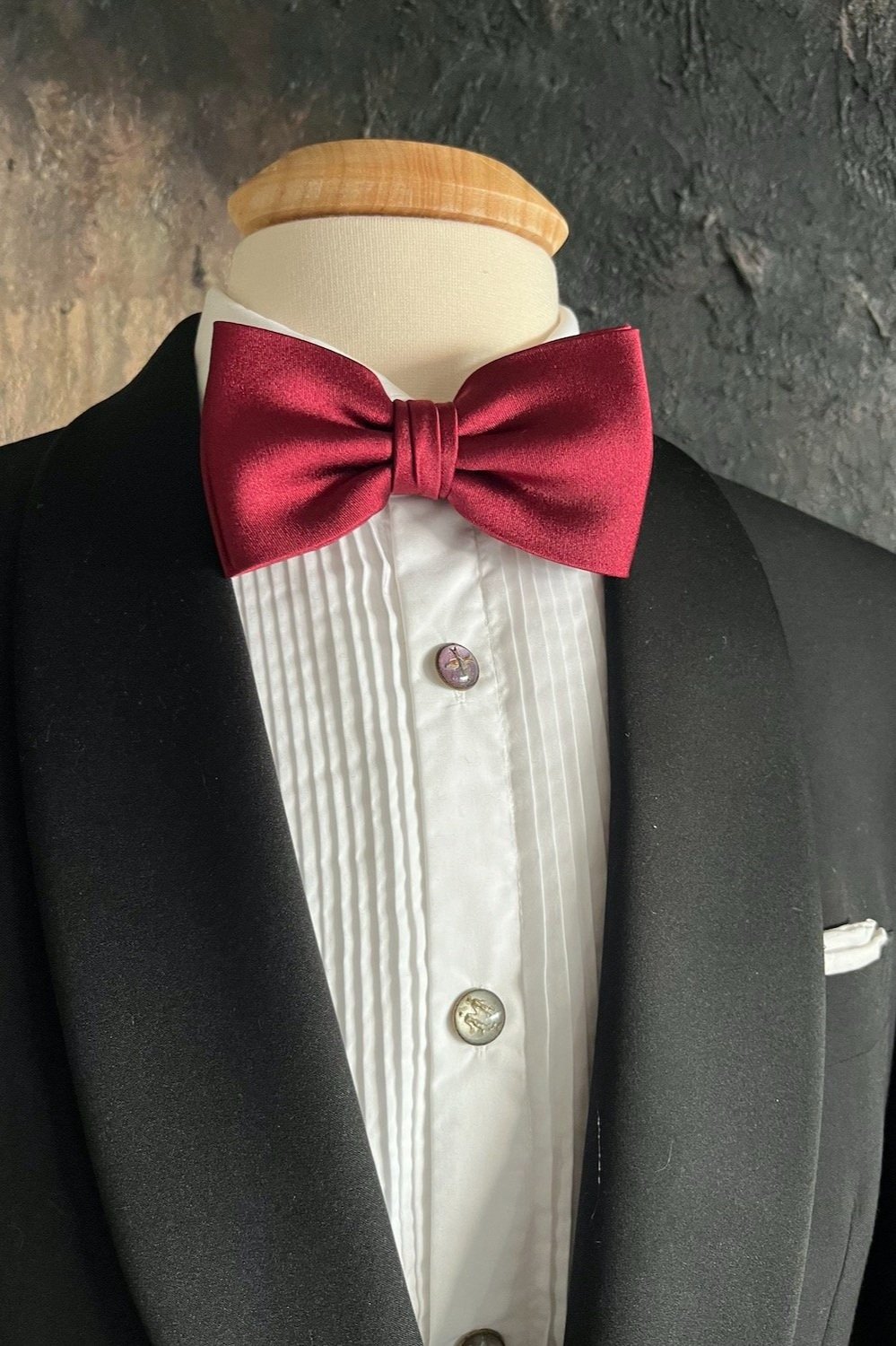Burgundy, satin silk, butterfly, bow tie, pre-tied