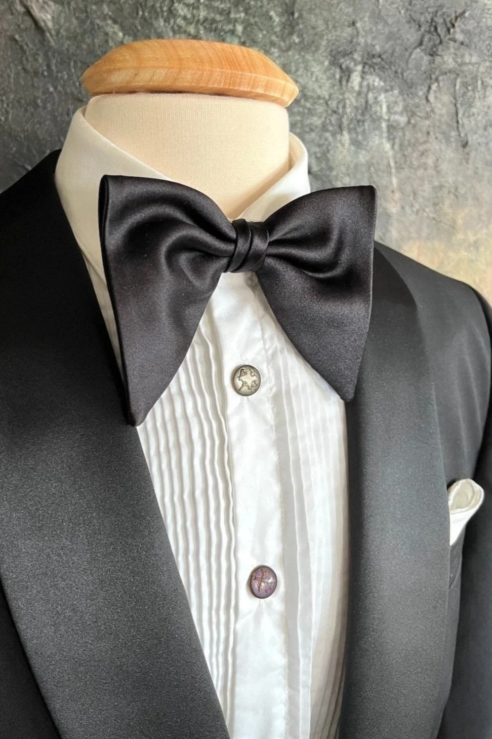 Large Black Satin Silk, Butterfly Bow Tie, pre-tied