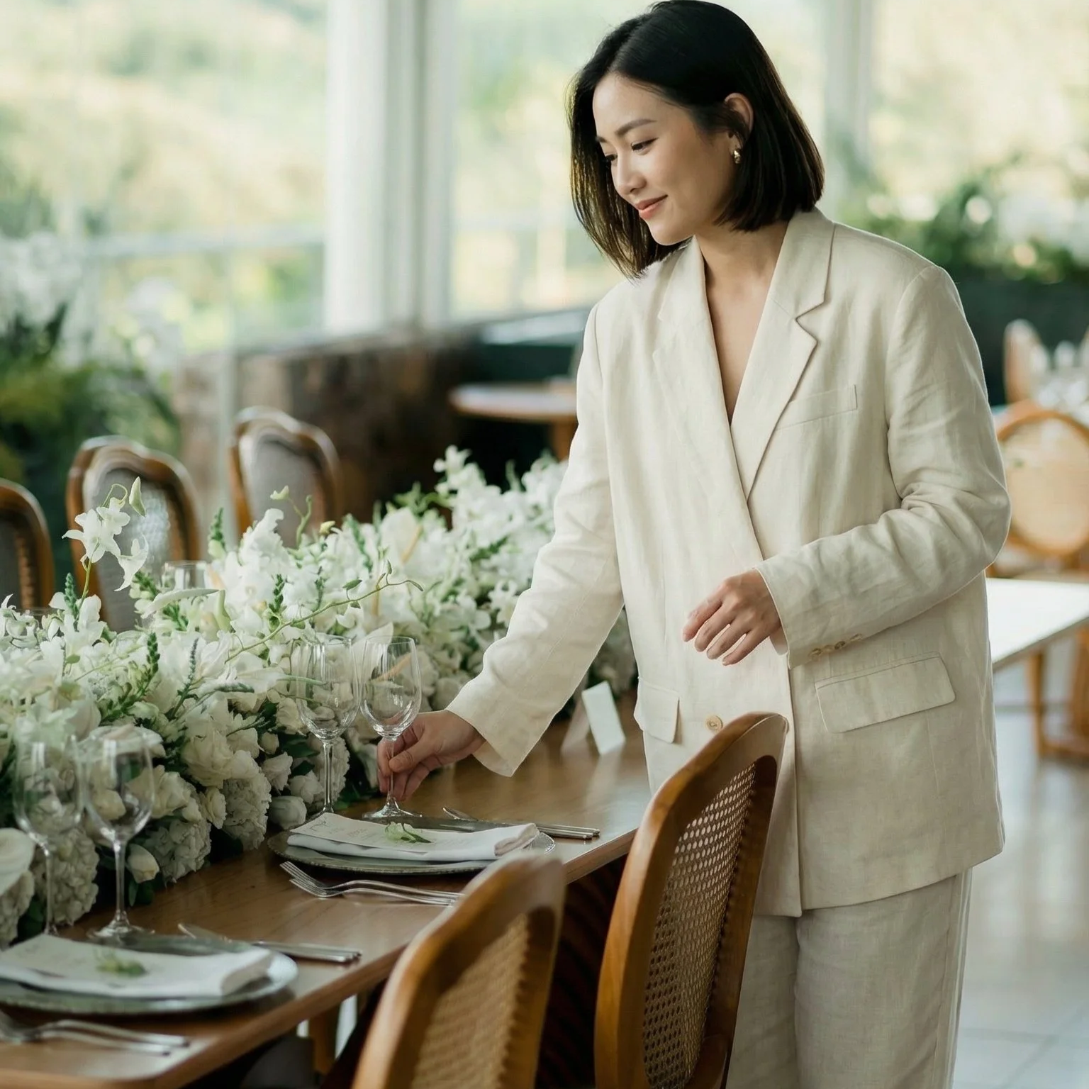 A woman in a cream-colored suit arranging a table with white flowers and glassware.