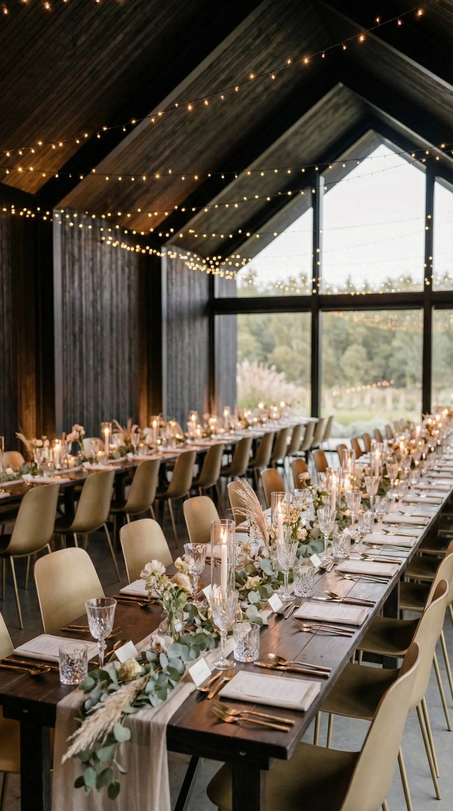 Long wooden banquet table decorated with white flowers, greenery, candles, and place settings, set for a formal event or wedding reception inside a venue with dark wood-paneled walls and string lights overhead, overlooking a outside landscape with tr