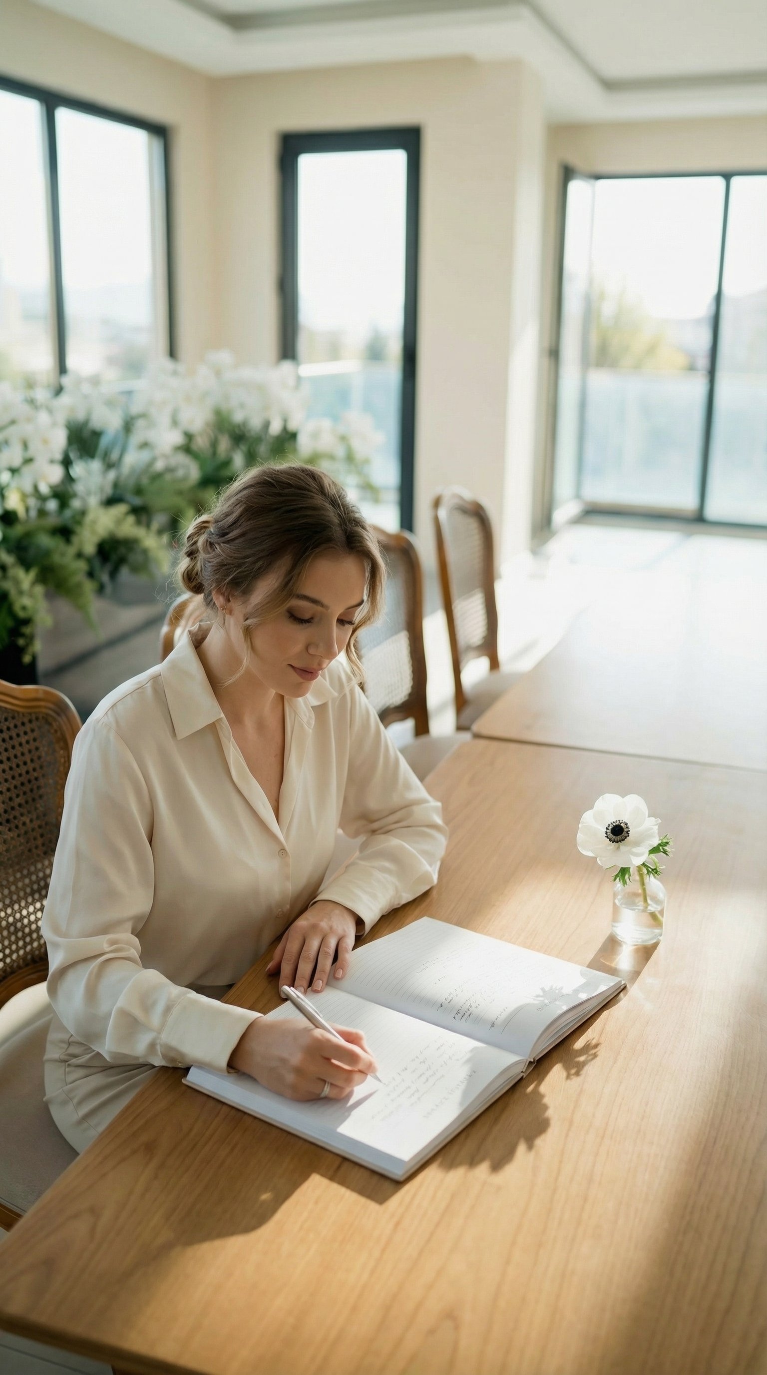 A woman with light brown hair, wearing a cream-colored blouse, sitting at a wooden table, writing in an open journal, with a small vase of white flowers next to her, in a sunlit room with large windows.