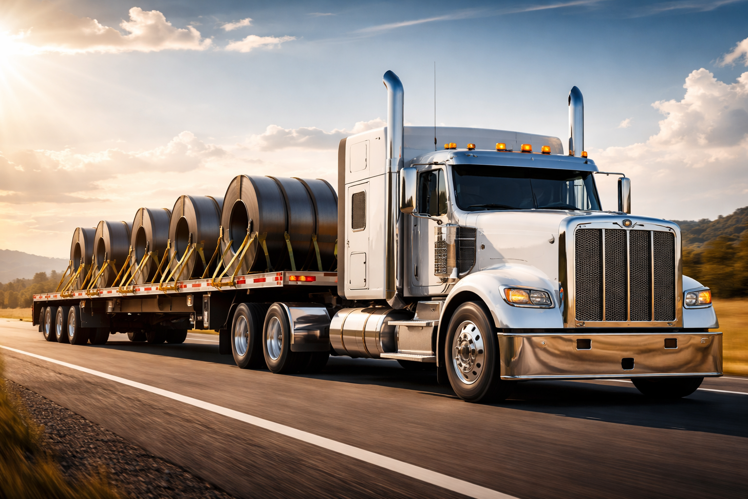 Semi truck with a flatbed trailer carrying large industrial pipes and material