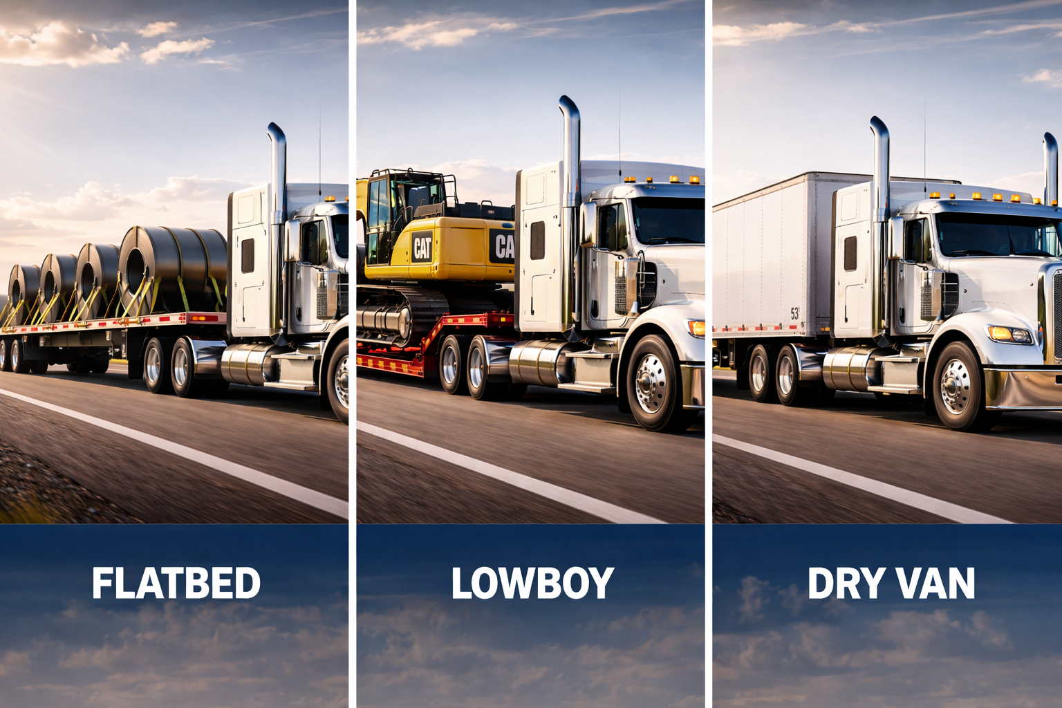 Flatbed truck, dry van truck, Lowboy truck