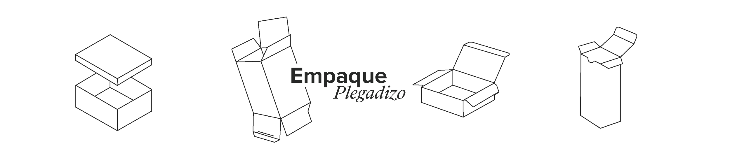 Cuatro diferentes tipos de empaques ilustrados en líneas blancas sobre fondo negro, con la frase 'Empaque Plegadizo' en el centro.