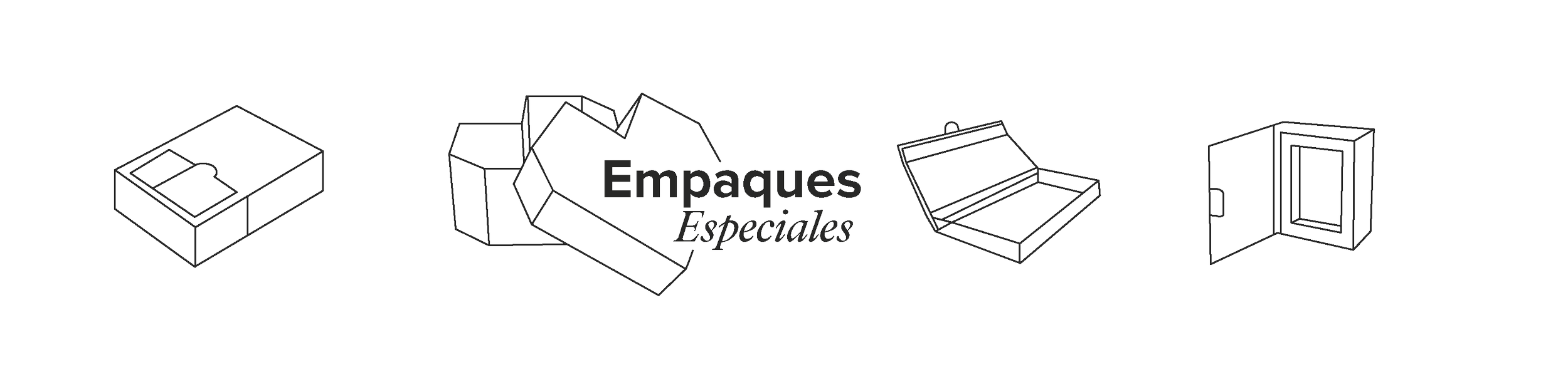 Ilustraciones lineales de diferentes tipos de empaques y una caja con la leyenda 'Empaques Especiales'.