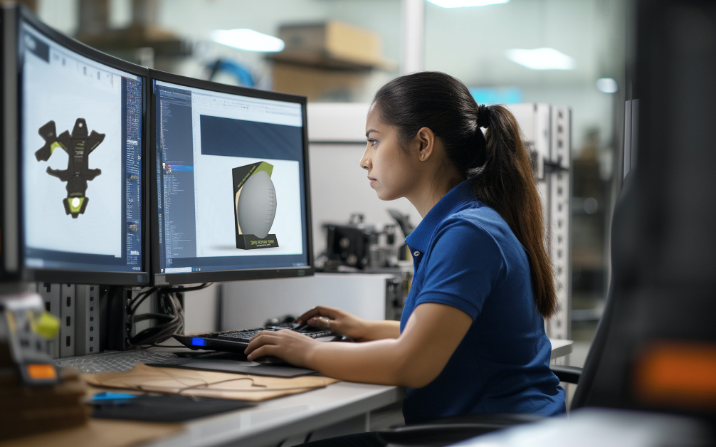 Una mujer trabajando en una computadora con doble monitor, diseñando o editando imágenes y modelos digitales en un entorno de oficina o taller técnico.