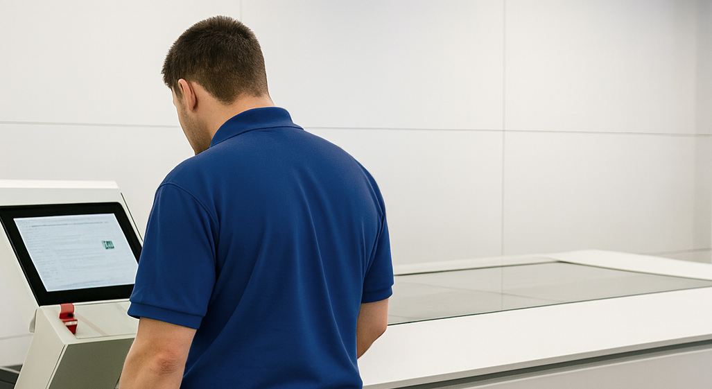 Hombre con camiseta azul usando máquina de autoservicio en un entorno moderno y limpio.