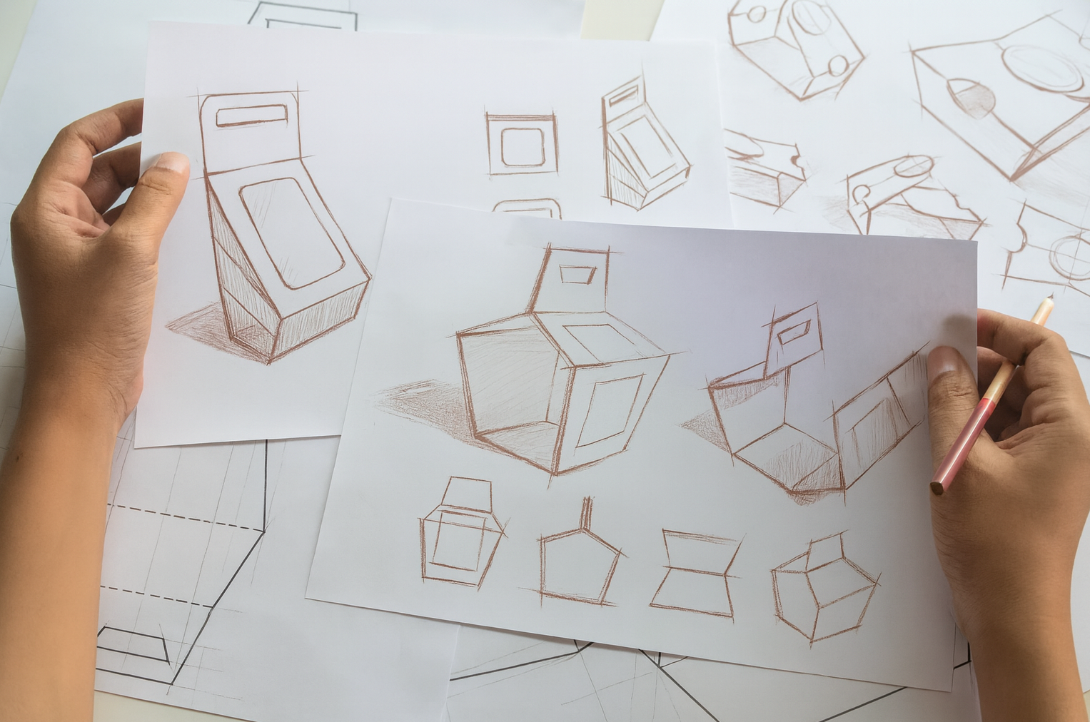 Manos sosteniendo papeles con bocetos de diferentes diseños de muebles y objetos en papel de color marrón. En la mesa también hay otros bocetos y dibujos relacionados.