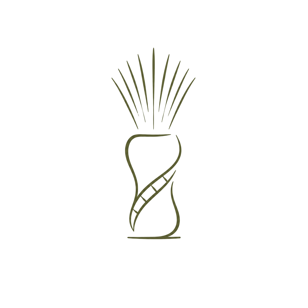Minimalist line drawing of a seedling with leaves growing in a vase, with radiating lines above, on a black background.