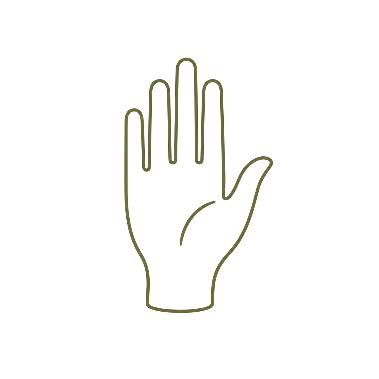 Line drawing of a hand with fingers together, raised upward. The illustration is in a thin, glow-like style on a black background.
