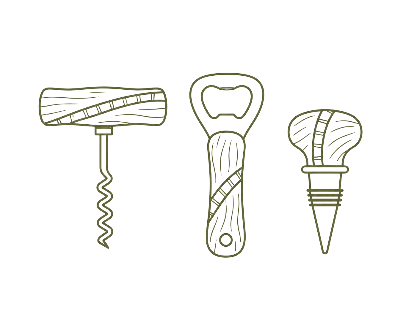 Line drawing of three food-related items: a corkscrew on the left, a corkscrew opener in the middle, and an ice cream cone on the right.