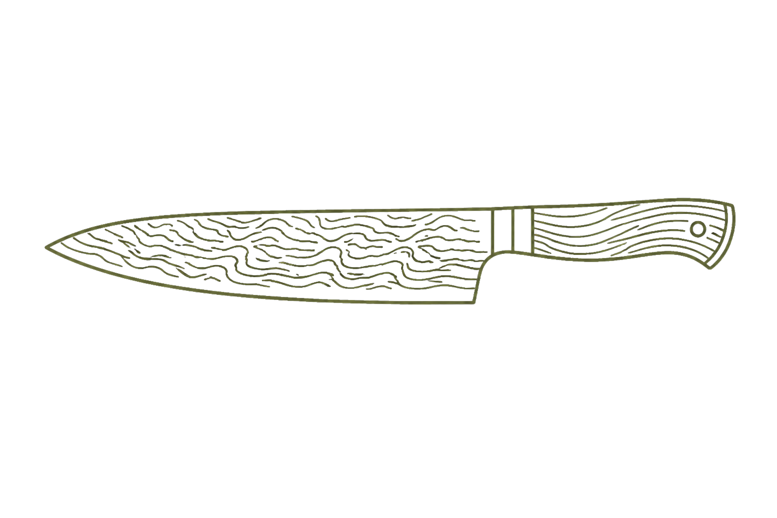 Line drawing of a kitchen knife with a layered pattern on the blade, resembling wood grain, on a black background.