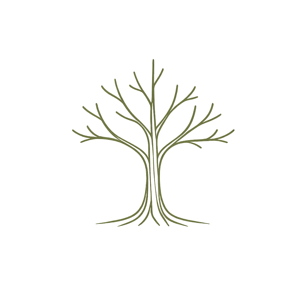 Line drawing of a tree with bare branches and roots, black background