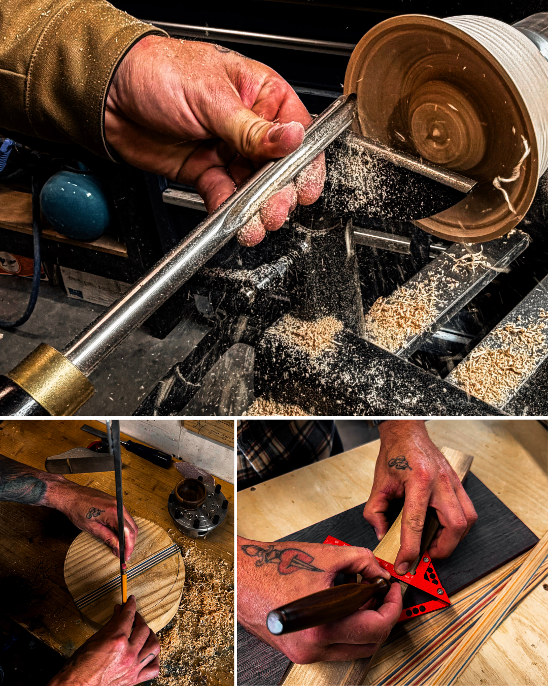 A person using a lathe to turn a wooden object, another person marking a circular wooden piece with a ruler, and someone cutting wood with a handsaw and square tool.
