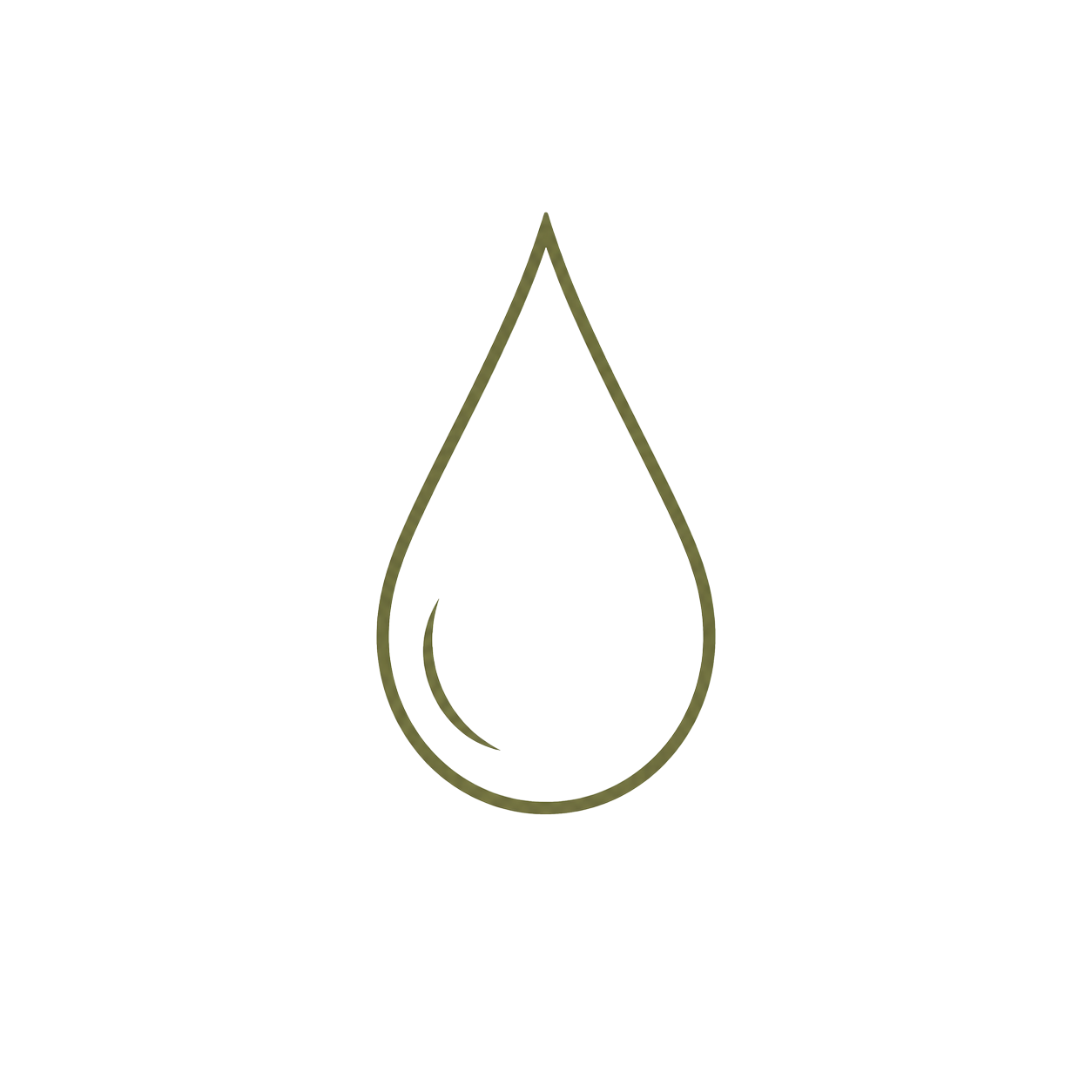 A minimalist, stylized outline of a water droplet with a small highlight inside.
