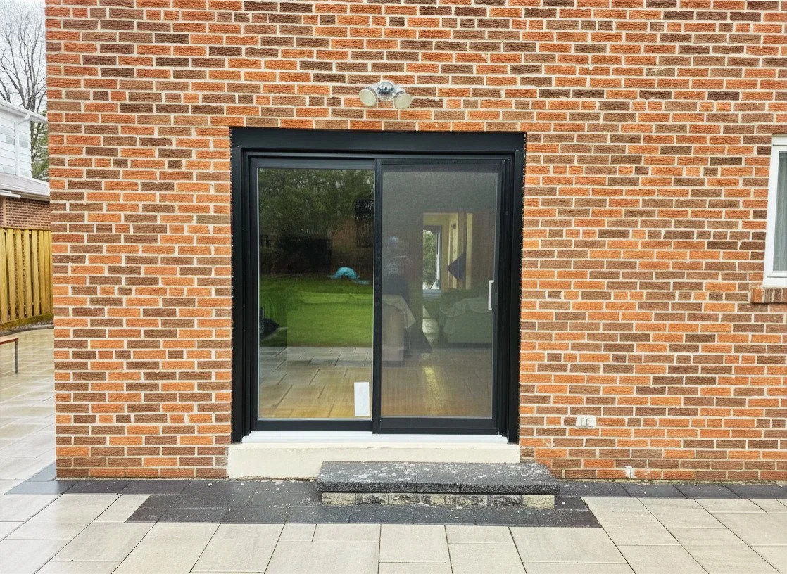 Brick exterior wall with a sliding glass door, a small set of steps outside, and a view of a backyard with green grass.