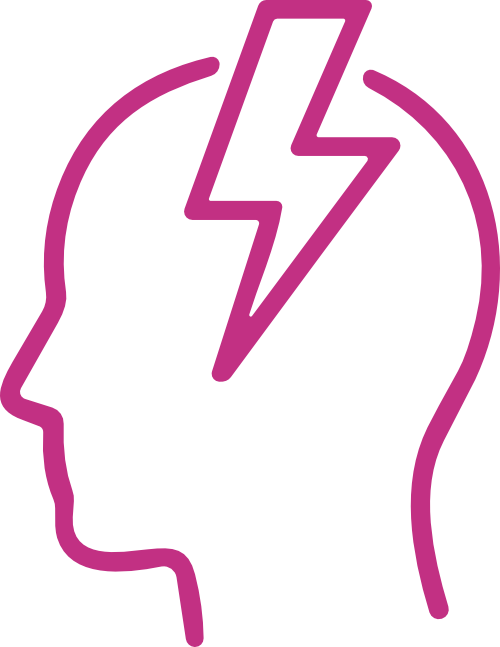 Outline of a person's head with a lightning bolt inside, representing mental energy or headache.