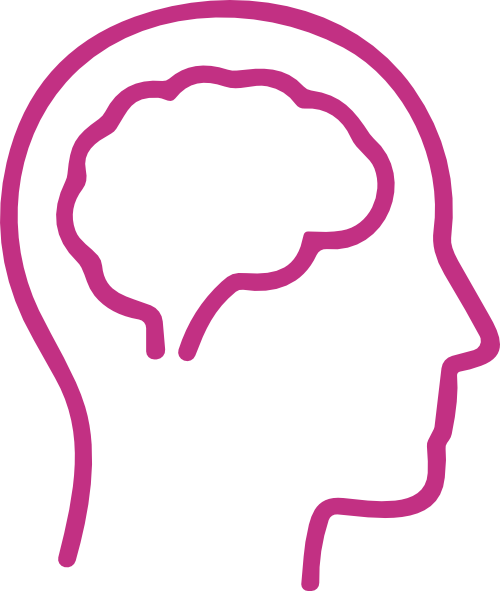 Outline of a human head silhouette with a brain depicted inside, portrayed with purple neon lines.
