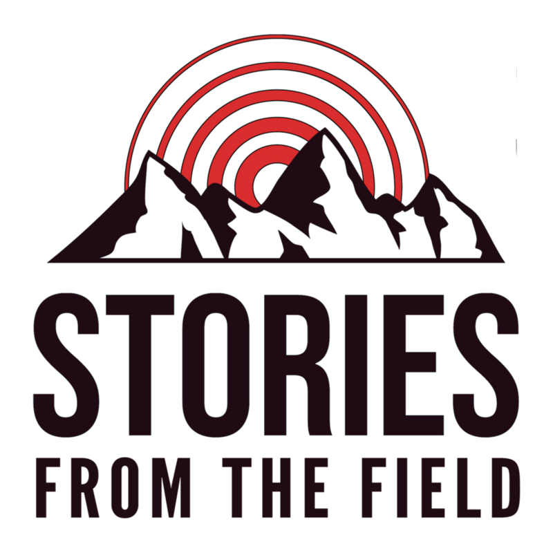 Mountain range with a red and black target overlay and the text "Stories from the Field" underneath.