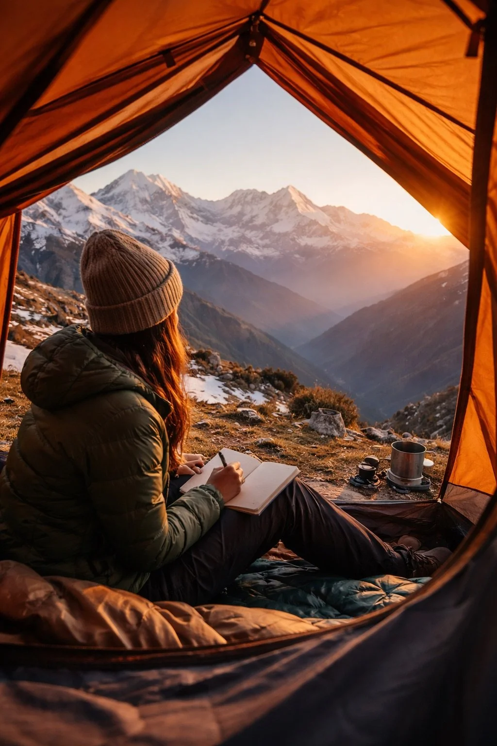 Nicole Lobiondo sitting in a tent overlooking the mountains and holding her writing pad.