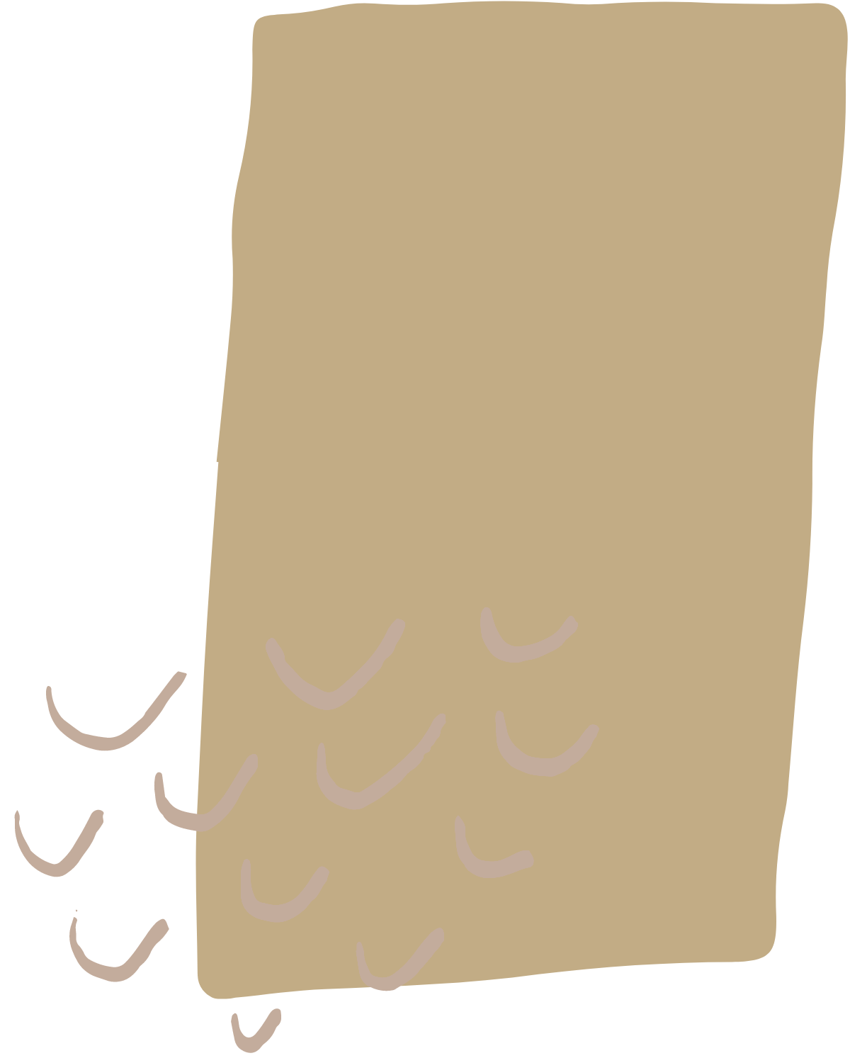 A beige rectangular object with small curved lines on it and a small curved line on the left side, suggesting a sponge or cleaning pad.