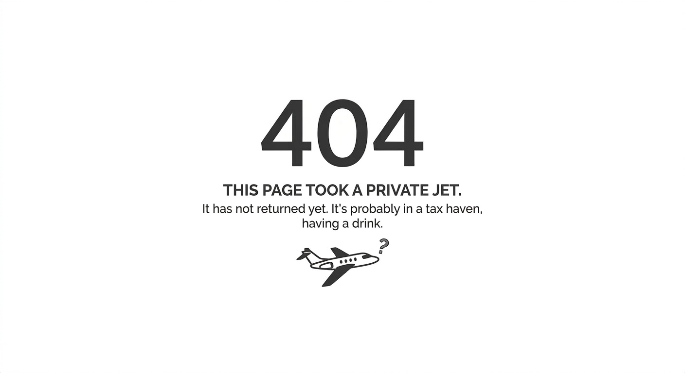 404 error page with a message about a private jet and a small illustration of a private jet with a question mark.