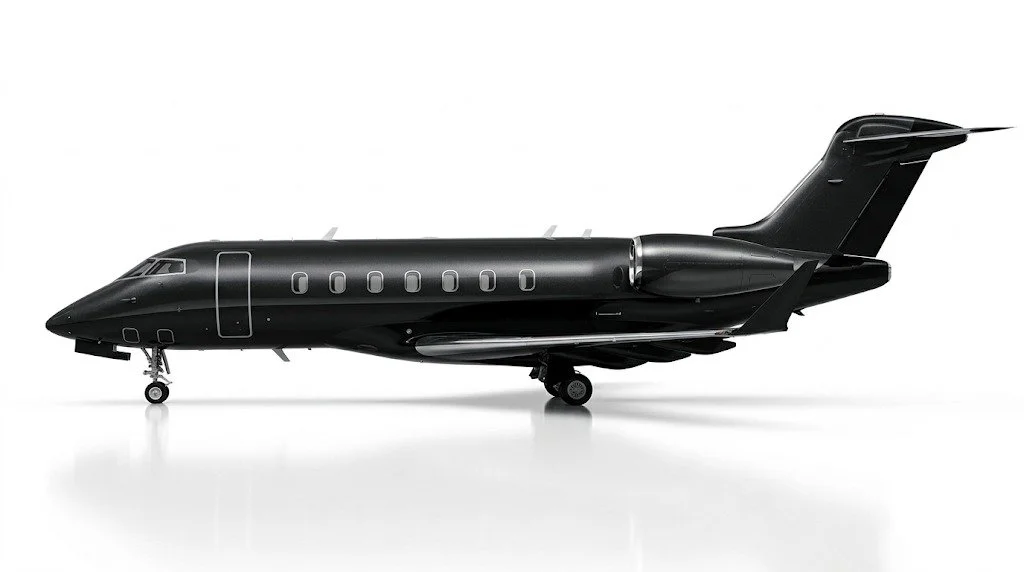 Black luxury private jet airplane on a white background