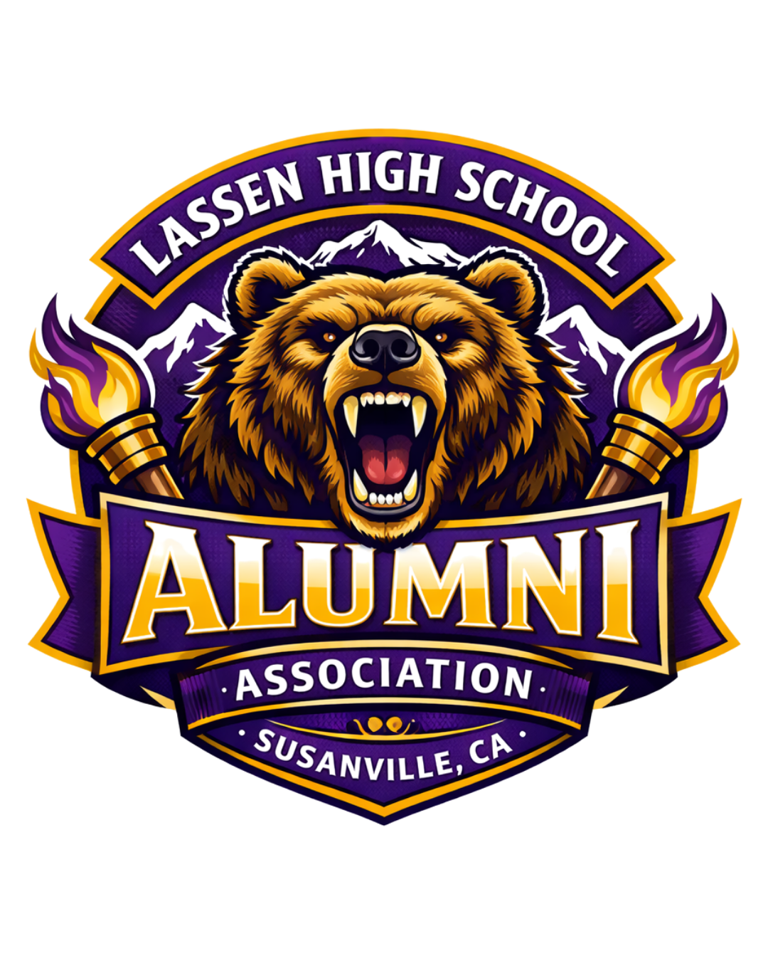 Logo for Lassen High School Alumni Association in Susanville, California, featuring a roaring bear with mountains in the background and torches on either side, with purple and gold colors.
