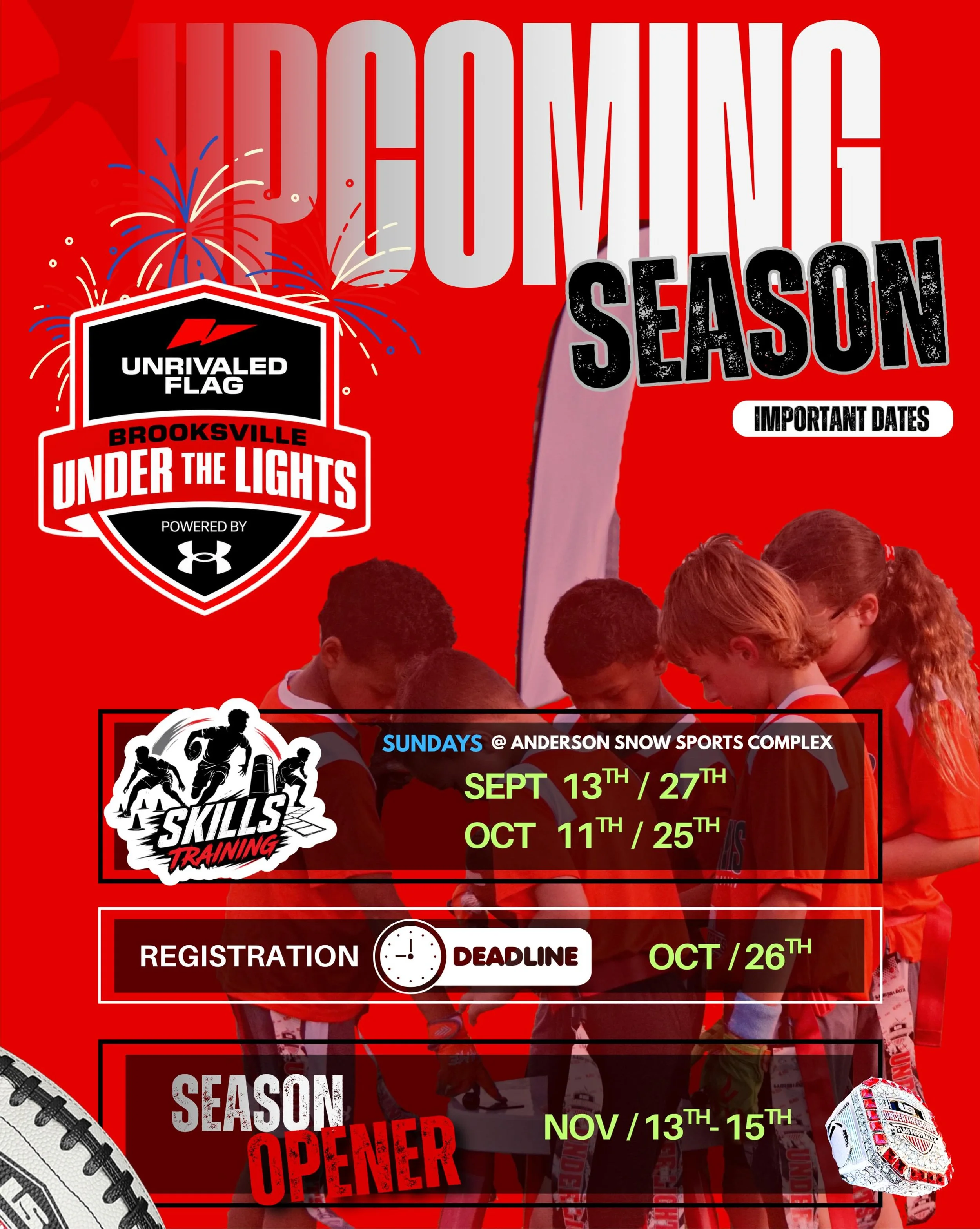 🚨🏈 THE ROAD TO FALL STARTS NOW! 🏈🚨

Train first. Get better. Then take it UNDER THE LIGHTS.

Offseason Skills Training kicks off in September, registration closes in October and then&hellip; IT&rsquo;S GAME TIME!

New players. Returning players. 