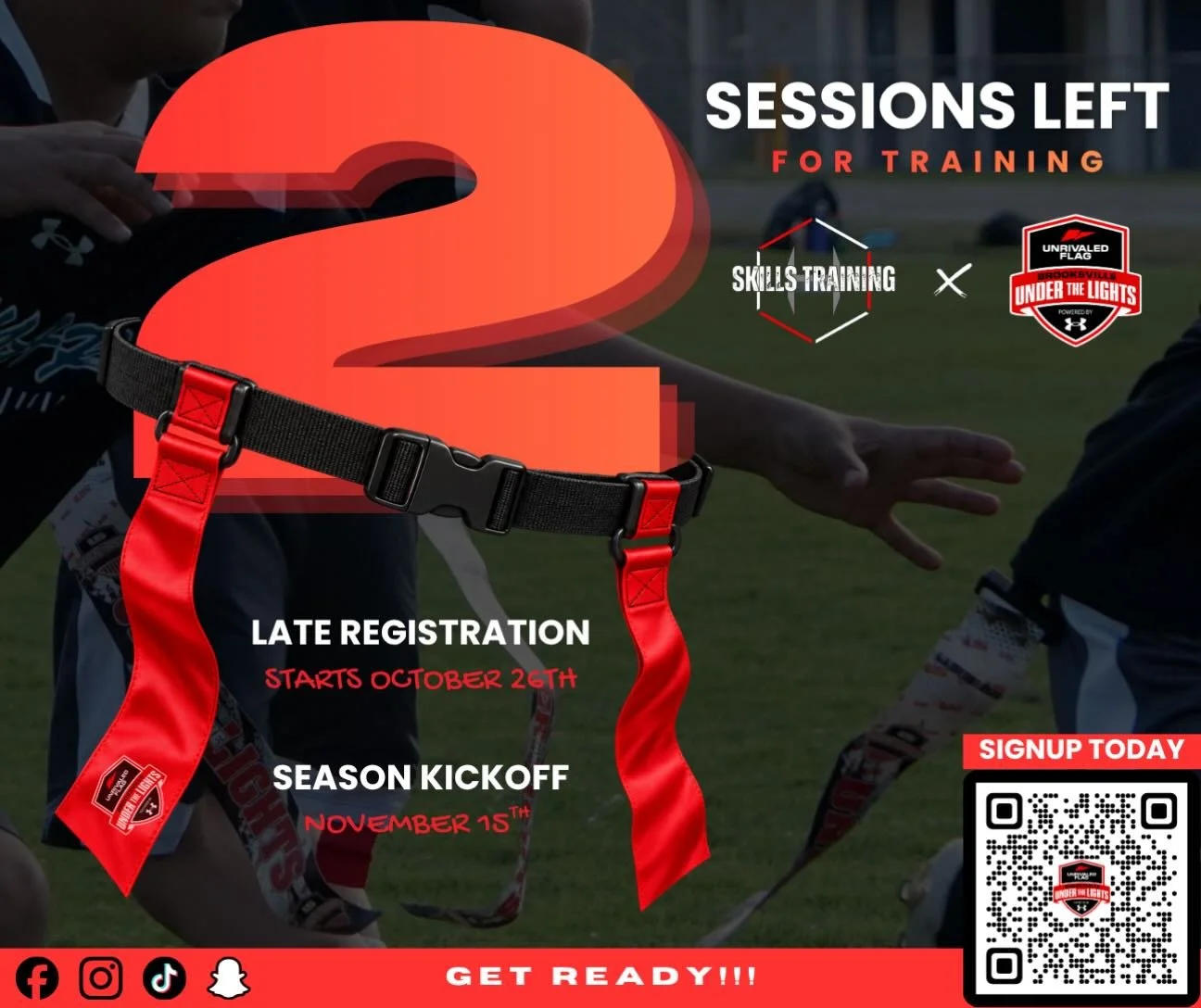 🚨 2 SESSIONS LEFT! IT&rsquo;S ALMOST GO TIME! 🏈🔥

2 MORE OPPORTUNITIES to sharpen your skills, build confidence and get those competitive reps in before the season kicks off!

🏈 SKILLS TRAINING &mdash; Oct. 18 &amp; 25
🚨 REGISTRATION DEADLINE &m