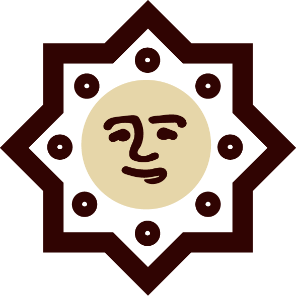 Illustration of a smiling face with closed eyes in the center of a decorative star-shaped pattern with small dots around it.