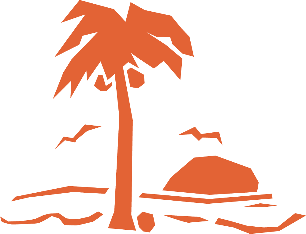 Silhouette of a palm tree, a rock, and birds flying against a black background.