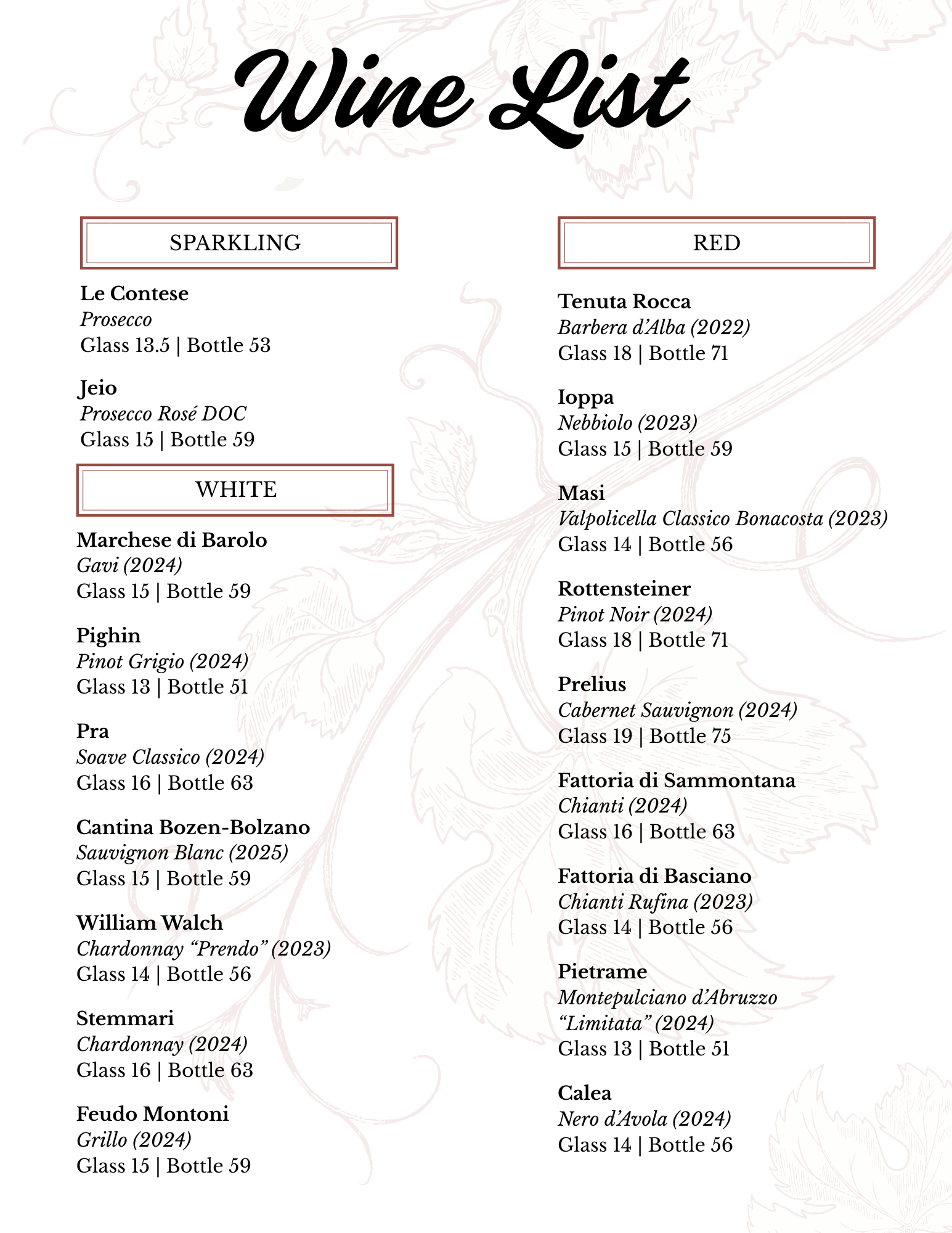 A wine list menu divided into three categories: Sparkling, White, and Red. Each category lists various wines with their name, type, year, and packaging details.
