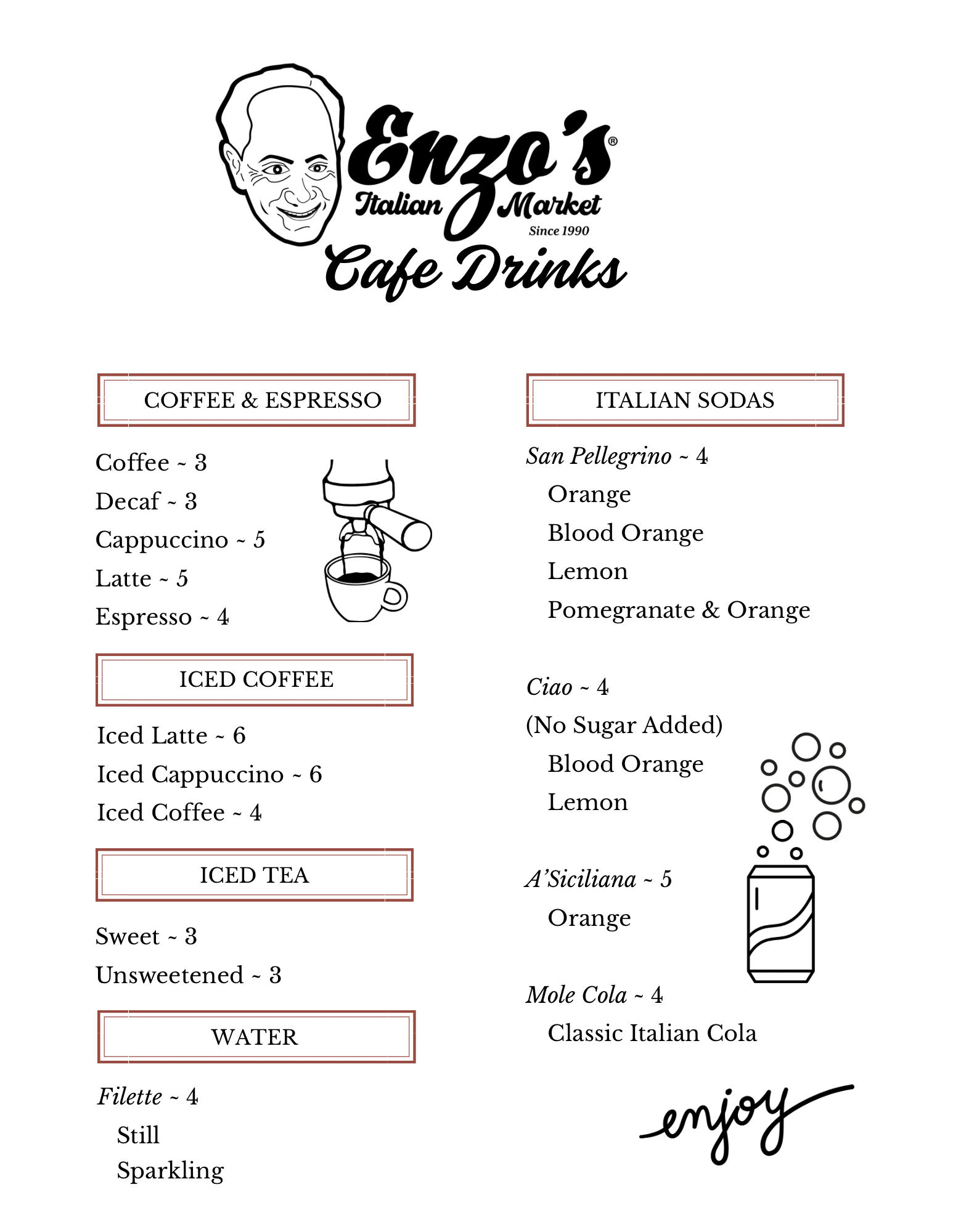Menu from Enzo's Italian Market listing cafe drinks, Italian sodas, iced coffee, iced tea, and water with various flavors and prices. Features a logo with a smiling man's face and the text 'Enzo's Italian Market Since 1990 Cafe Drinks.'