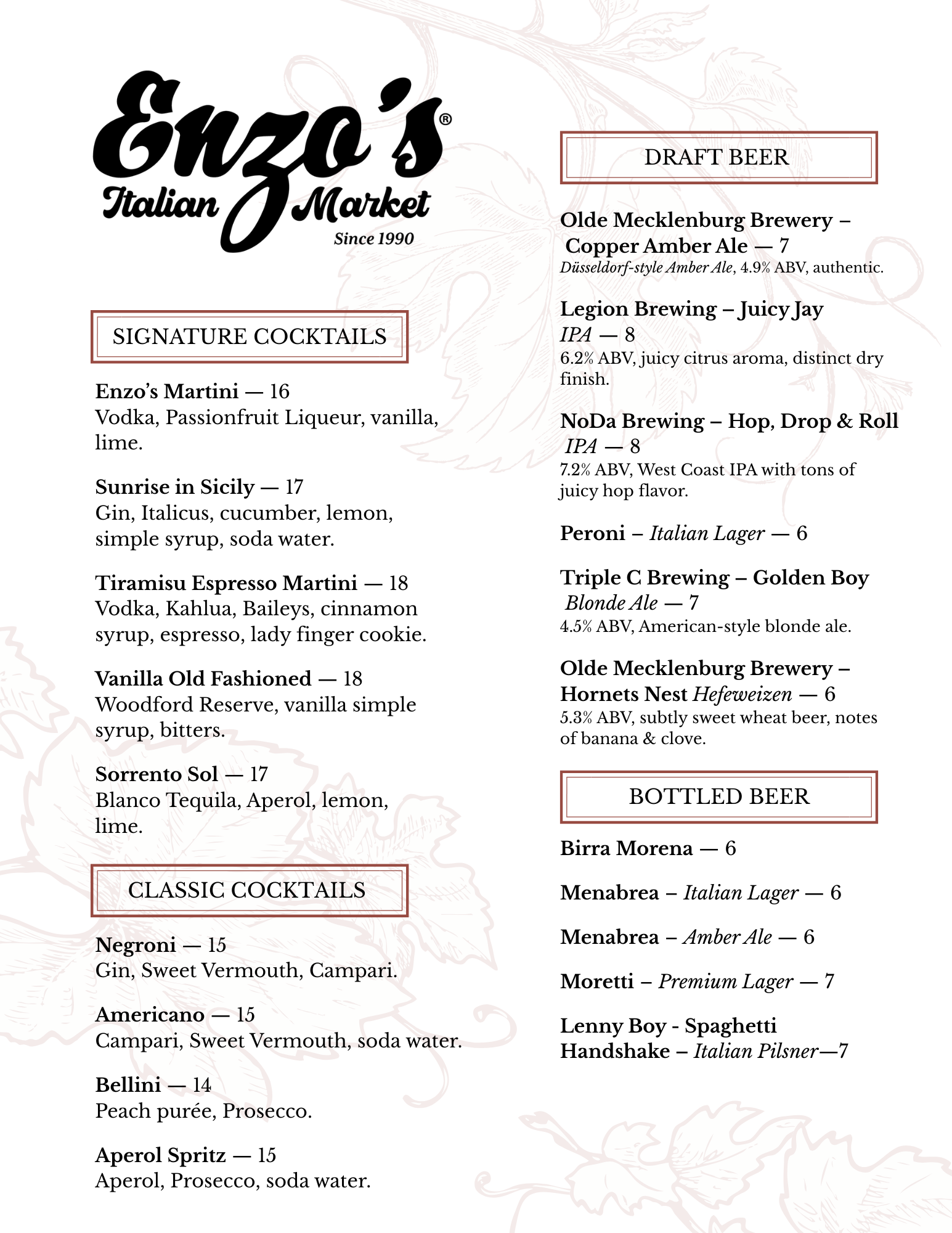 Section of a menu from Enzo's Italian Market featuring cocktails and beverages, including signature cocktails like Enzo's Martini, Sunrise in Sicily, Tiramisu Espresso Martini, Vanilla Old Fashioned; classic cocktails like Negroni, Americano, Bellini, Aperol Spritz, and bottles of draft and bottled beer. The menu has a decorative background with faint illustrations of grapes and leaves.