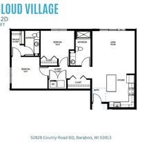 Floor plan of a house showing two bedrooms, two bathrooms, a living room, a kitchen, and a dining area, with labels and measurements.