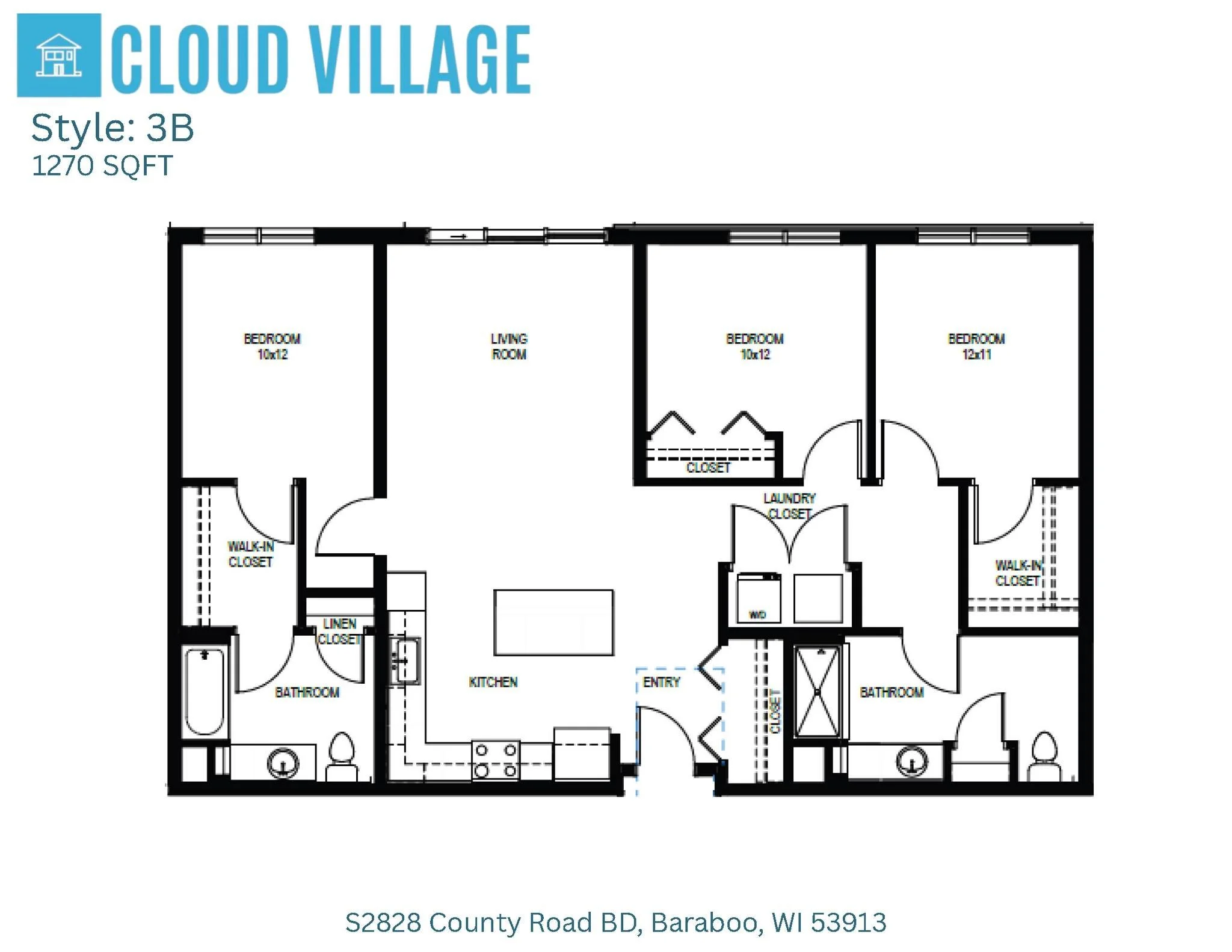 Floor plan of a residential home named Cloud Village with three bedrooms, two bathrooms, living room, kitchen, laundry room, and walk-in closets.