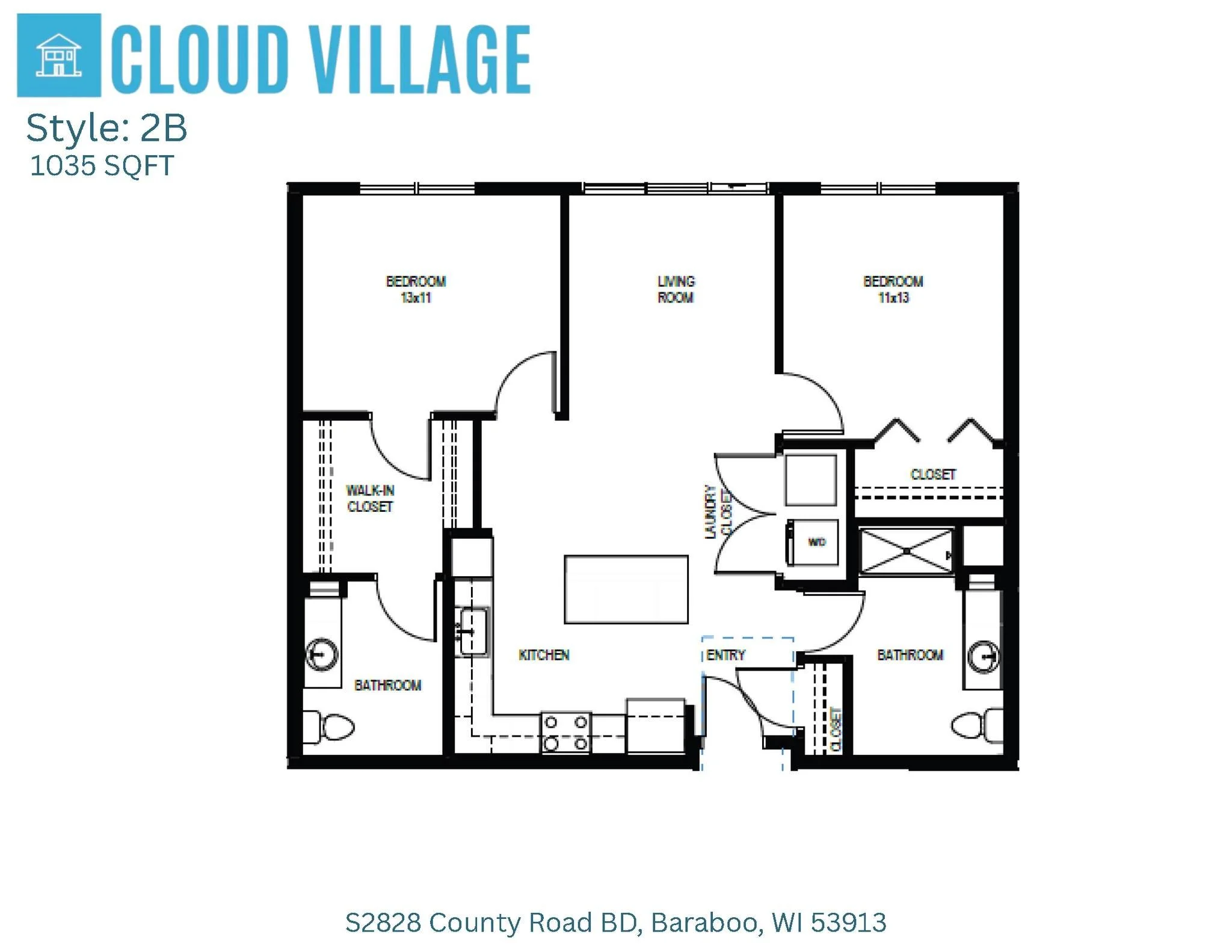 Floor plan of a residential home named Cloud Village, style 2B, with two bedrooms, two bathrooms, a living room, kitchen, laundry area, walk-in closet, two closets, and an entryway, covering 1,035 square feet.