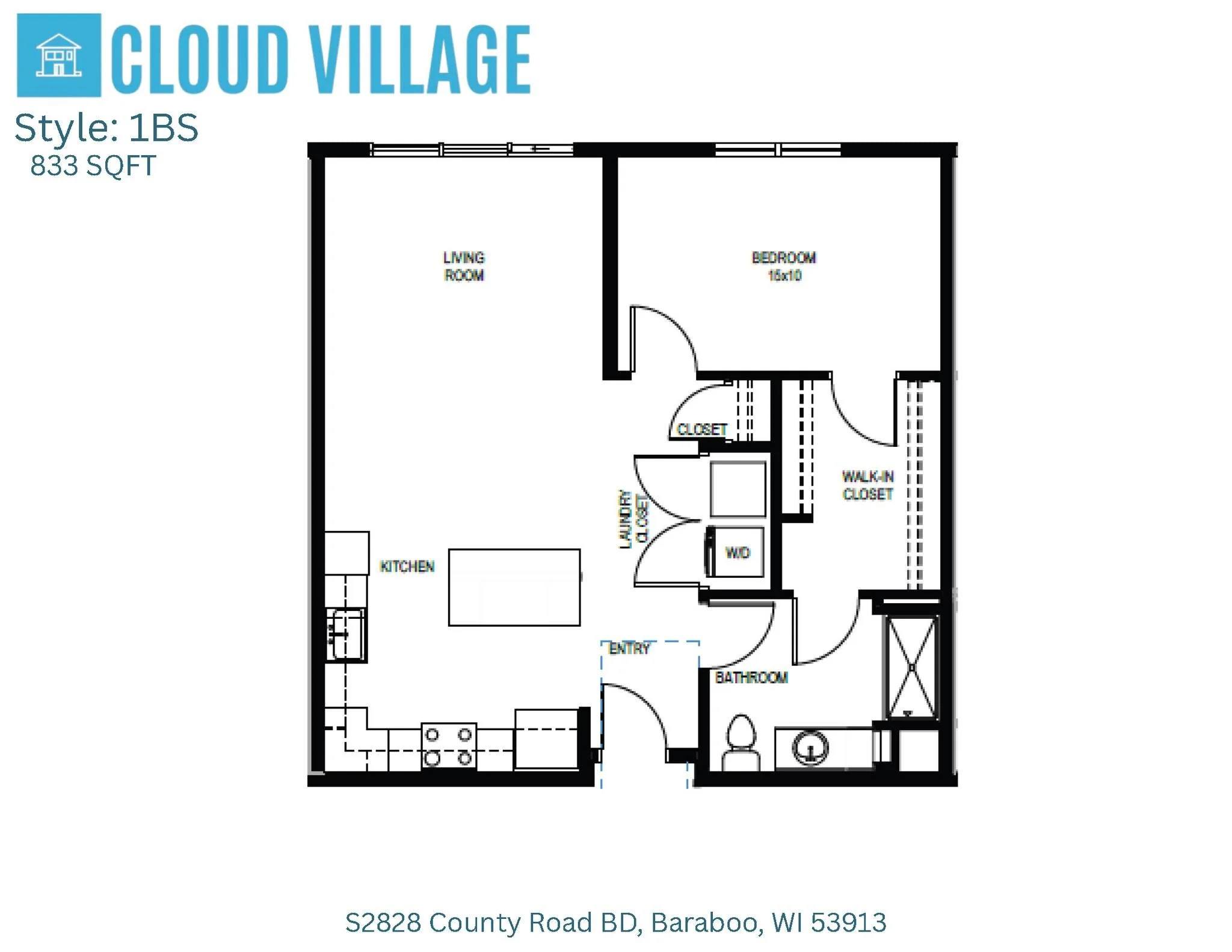 Floor plan of a one-bedroom apartment in Cloud Village, showing a living room, kitchen, bedroom, bathroom, walk-in closet, laundry area, and entry door.