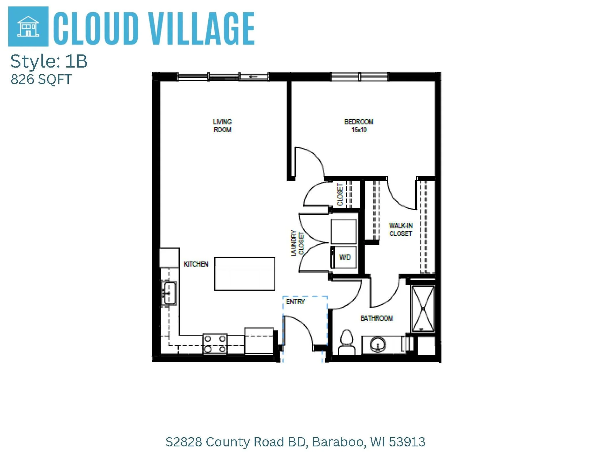 Floor plan of a one-bedroom apartment named Cloud Village with 826 square feet, including a living room, kitchen, bedroom with walk-in closet, bathroom, laundry closet, and entry area.