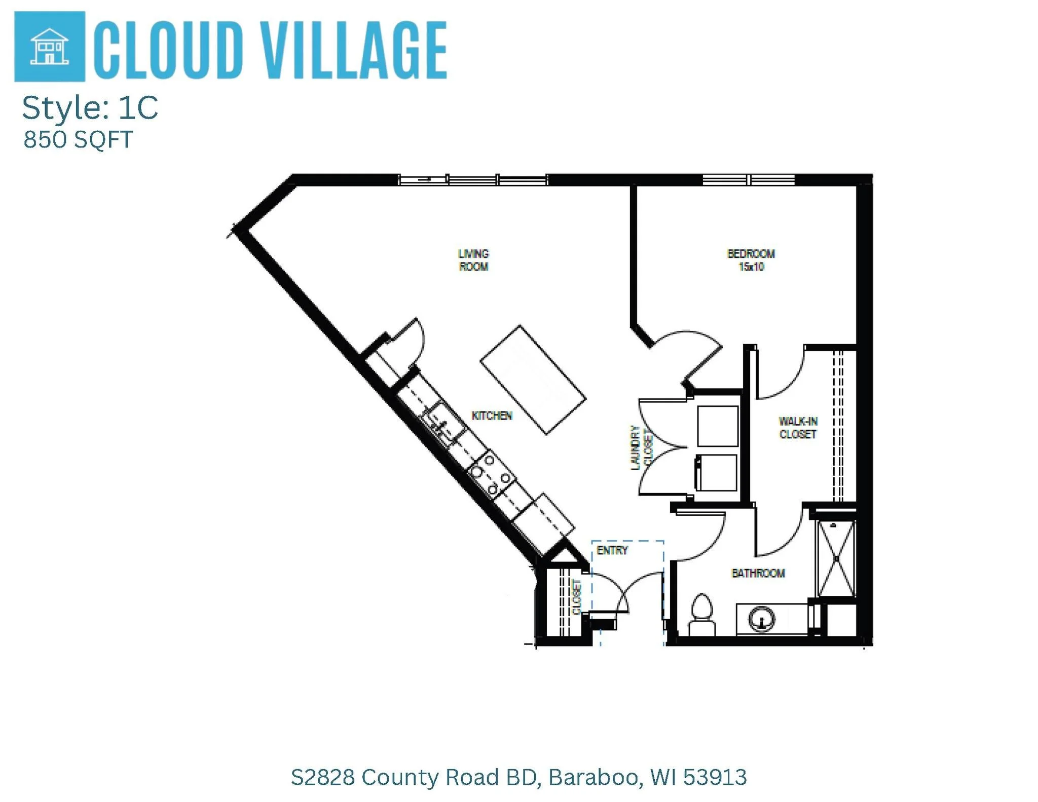 Floor plan of a one-bedroom apartment named Cloud Village, style 1C, 850 square feet, featuring a living room, kitchen, bedroom, walk-in closet, bathroom, laundry closet, and entry area.