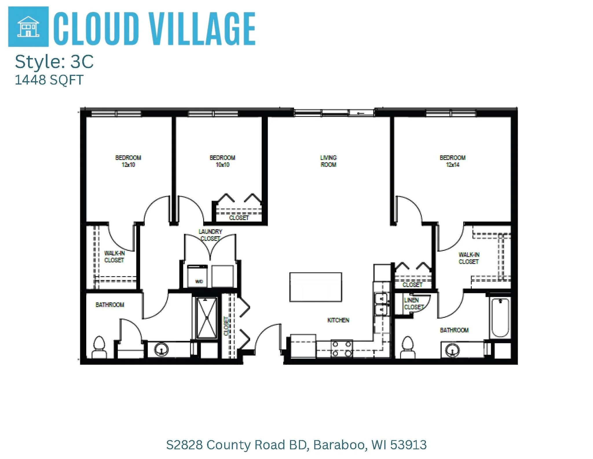Floor plan of a residential home labeled 'Cloud Village' with three bedrooms, two bathrooms, a kitchen, a living room, laundry room, and walk-in closets, occupying 1448 square feet.