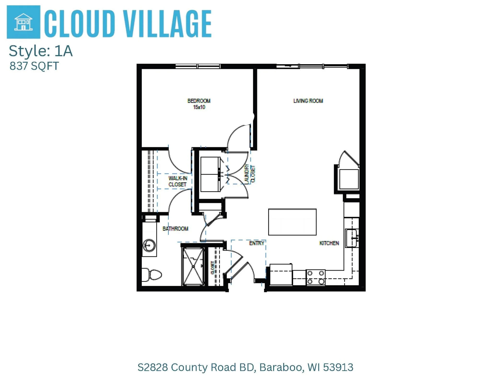 Floor plan of a one-bedroom apartment with a living room, kitchen, bathroom, walk-in closet, laundry, and entryway, labeled as style 1A, 837 square feet.