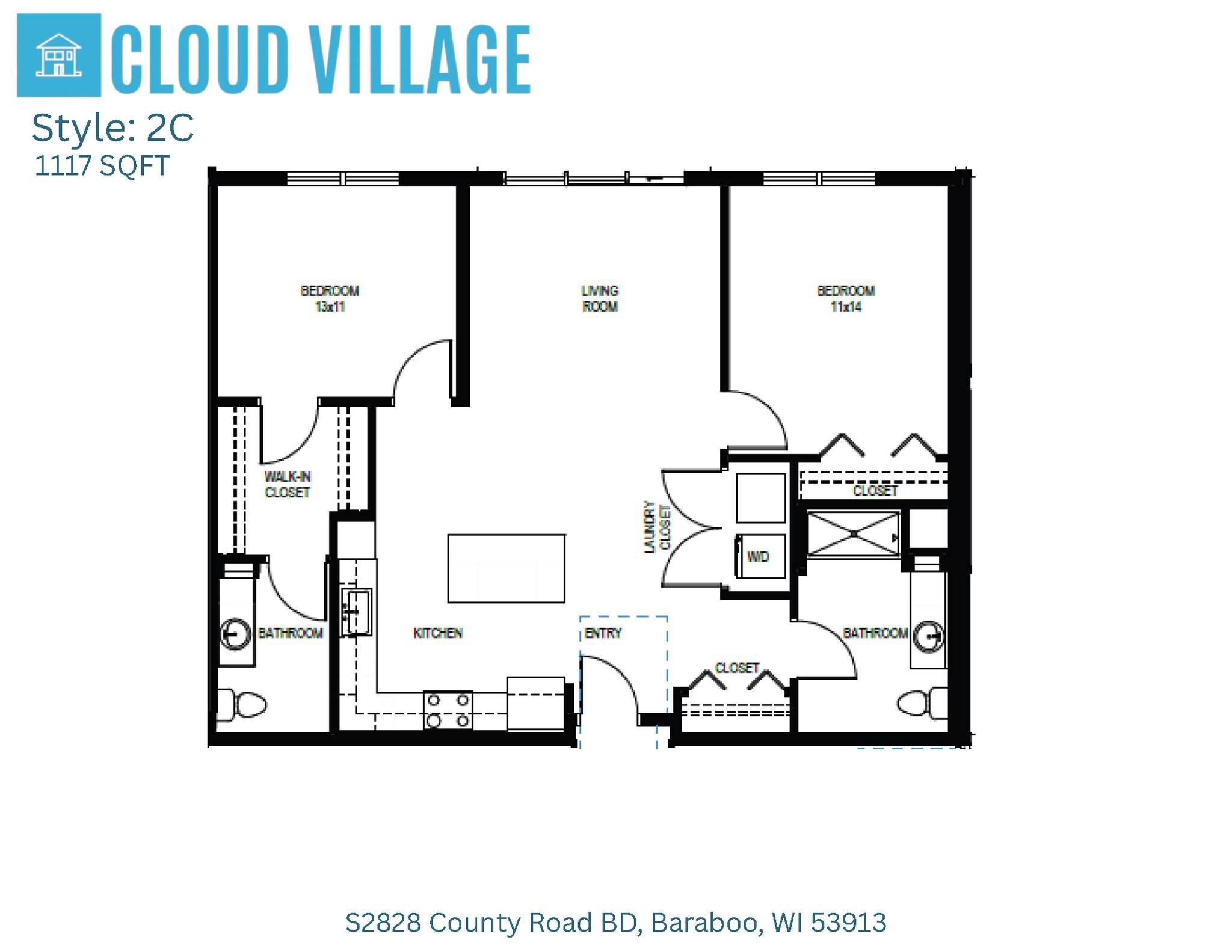 Floor plan of a house labeled 'Cloud Village,' with two bedrooms, two bathrooms, a living room, kitchen, laundry closet, entryway, and closets.
