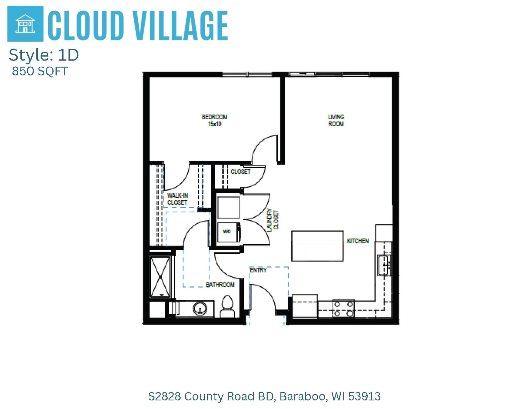 Floor plan of a small apartment with labeled rooms including bedroom, living room, kitchen, bathroom, laundry, and closets, with address at the bottom.
