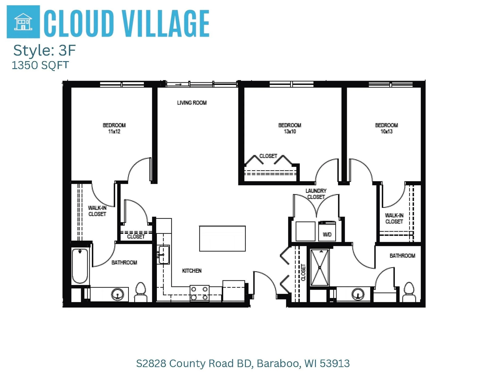 Floor plan of Cloud Village 3F apartment, 1350 square feet, with three bedrooms, two bathrooms, a kitchen, living room, laundry closet, and walk-in closets, located at S2828 County Road BD, Baraboo, Wisconsin.