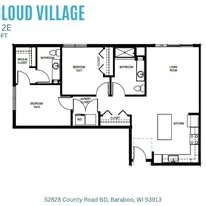 Floor plan of a house named Cloud Village 2E, showing rooms including bedrooms, bathrooms, kitchen, living area, dining area, and garage, with measurements and door placements.